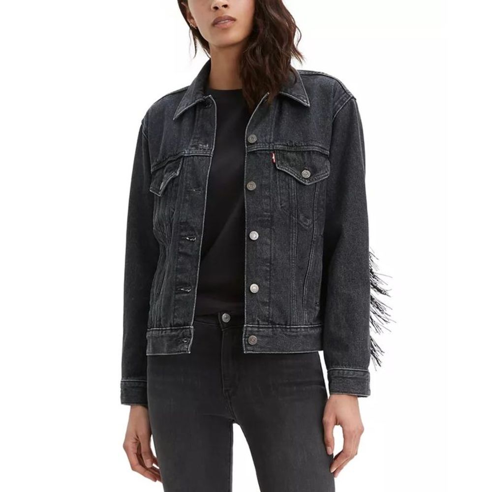 Levi's Women's Ex-Boyfriend Cotton Fringe Trucker Jacket Black Size X-Small